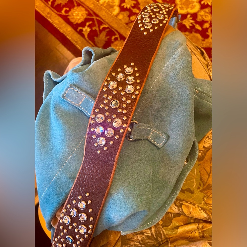 TYLIE MALIBU Blue Suede Hobo Shoulder Bag w Jeweled Strap. Medium Sized
